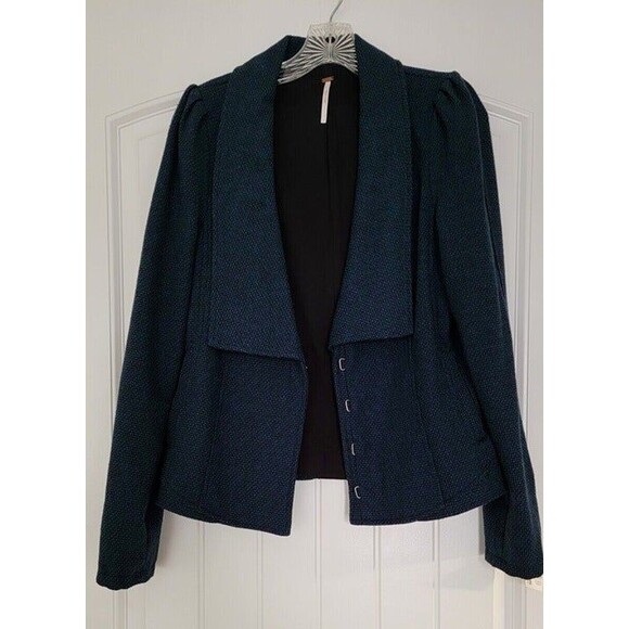 Free People Jackets & Blazers - Free People Blue/Gray Herringbone Tweed Puff Sleeve Jacket  Size 8
